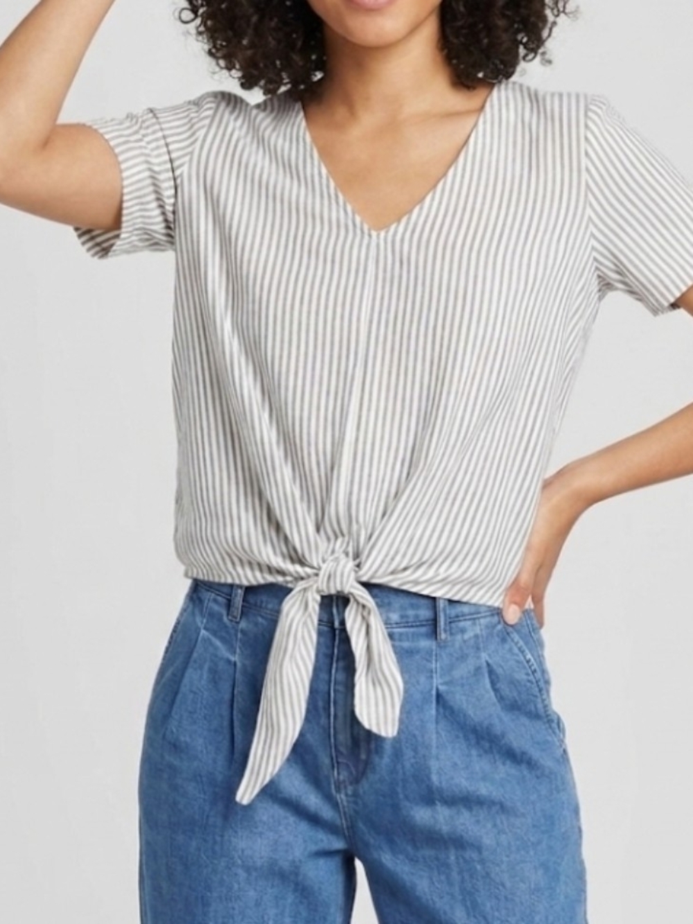 Madewell Novel Tie Front Striped V Neck Nautical Resort Casual Coastal Top XXS